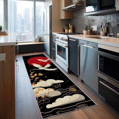 Dppyuxa Küchenläufer Japanisch Kranich Waschbar und rutschfest Asiatischer | Blüten Teppich Läufer für Küche und Flur Anime Wolke Küchenteppich Maschinenwaschbar Schmutzabweisend 60x120 cm
