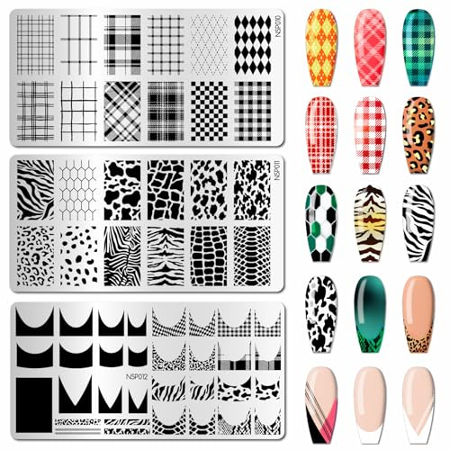 arriettycraft Nagelstempelplatten Set mit 3 Stück, kariert, Tierdruck, französische Spitze, Edelstahl, Maniküre-Kunstwerkzeug