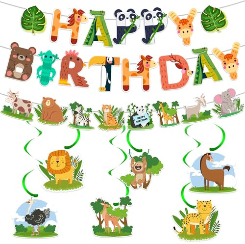 Waldtiere Deko Geburtstag Girlande Set - Tiere Geburtstagsdeko Happy Birthday Banner und Hängende Wirbel, Safari Party Dekorationen für Kindergeburtstag Jungen Mädchen