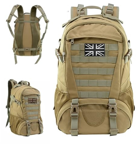 VIRAHYEM 30L Military Tactical Backpacks Molle Army Assault Pack | 3 Day Bug Out Bag Laptop Bag for Hiking Treeking Black Hunting Rucksack with 2 Flag Patches and Bottle Holder (Khaki)