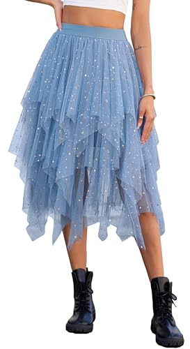 Lovasy Gonna Tulle Donna Lunga Paillettes Gonne Irregolare in Tulle Midi Plissettate Gonne Tutu a Strati Gonna in Rete Elegante per Carnevale Halloween Natale Party Prom,A-Blu,L/XL