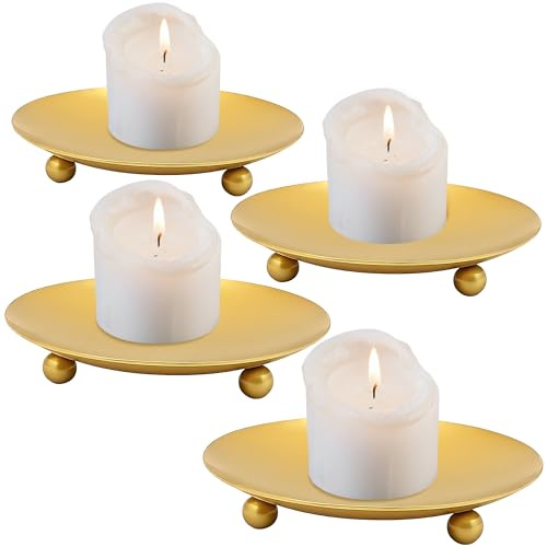 4 Stück Kerzenständer Gold für Stumpenkerzen, Elegante Kerzenteller und Dekorativer Kerzenhalter aus Metall, Schlichte Kerzenschale für Hochzeit, Romantisches Dinner Wohnaccessoire oder Geschenk