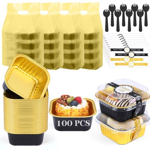 Acellegic 424 Pack Black Gold Mini Cake Pans Set with Lids and Spoons Include 100 Macaron 5oz Disposable Aluminum Foil Baking Pans 100 Lids 100 Spoons 100 Sealing Stickers 24 Gift Bags for Dessert