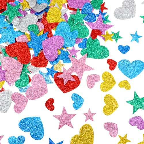 300 Stück Glitter Schaumstoff Aufkleber Selbstklebend Stern und Herz Sticker Schaumstoff Sticker 2 Muster Moosgummi HerzGlitter Aufkleber Bunte Sterne Herz Sticker für Wand Dekoration Basteln