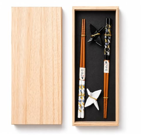 2 Paar Sushi Essstäbchen Set, Origami Paper Crane Holz Sushi Stäbchen Zum Essen mit Unterleger Ablage in Premium Holzbox Nachhaltig Japanische Chinesisch Koreanisch Taiwanesisch Chopsticks