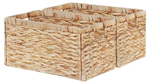 Vagusicc Set of 2 Water Hyacinth Storage Baskets, Wicker Basket Organizer Bins with Handles for Shelves, Foldable Storage Cubes Storage Baskets for Kitchen Organization & Decoration