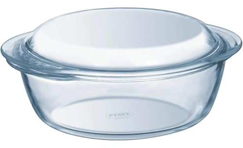 Round Glass Casserole Dish With Lid – Borosilicate Oven Cookware | 1.6 Litre Heat & Thermal Shock Resistant | Microwave Freezer Dishwasher Safe | Clear Baking Pot With Handles