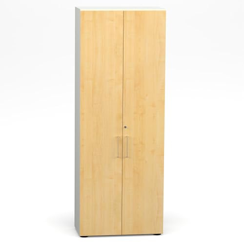 Flügeltürenschrank Cabino 80×42×216 cm – abschließbarer Aktenschrank 6OH in Weiß/Ahorn mit 110° Drehtüren & Metallgriff