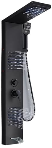 Panel de ducha LED negro con cascada, grifo mezclador para bañera y jacuzzi, experiencia moderna de spa, accesorio de baño de lujo, cabezal de ducha de lluvia.