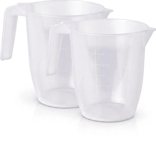 Set of 2 Plastic Measuring Jugs 2L – Clear BPA-Free Kitchen Measuring Cup with Easy-Read ml/oz/Pint Graduations, Ergonomic Handle & Pouring Spout, Lightweight Durable, Dishwasher Safe