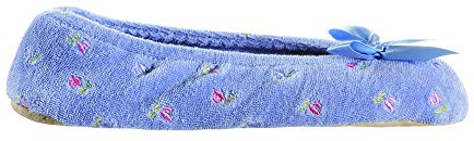 isotoner Women's Embroidered Plush Terry Ballerina Slippers , Periwinkle Soft Tie Bow, 8-9