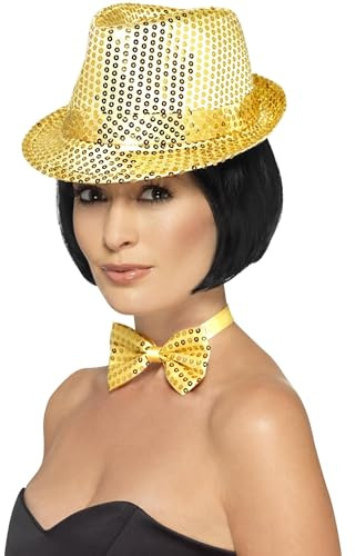 Smiffy's Smiffys Sombrero de fieltro con lentejuelas, Dorado Halloween, Carnaval