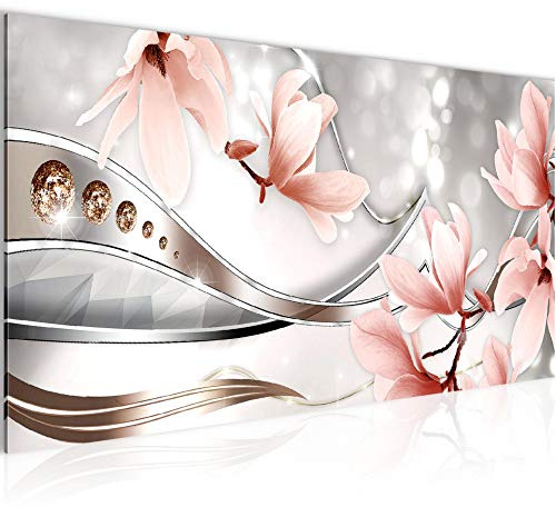 Runa Art Wandbild Blumen Magnolie 1 Teilig 100 x 40 cm Modern Bild auf Vlies Leinwand Abstrakt Wohnzimmer Rosa Grau 207212a