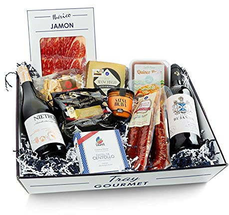 The Spanish Gourmet Tray 8 including Red Wine, Spicy and Sweet premium all natural Chorizo, Red Mojo Picon, Quince Paste, Fish Pate, Cured Manchego Cheese, Sesame Breadsticks, Turron and Iberico Jamon