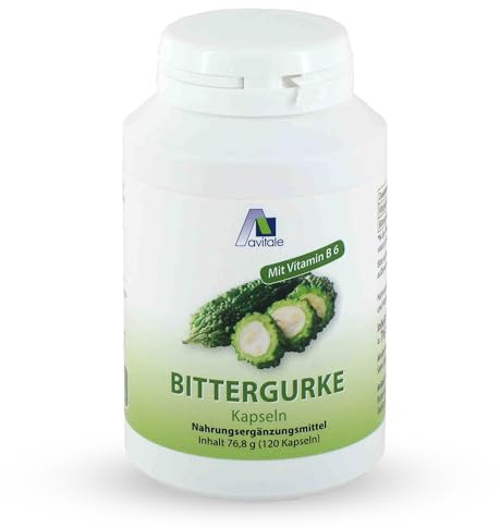 Avitale Bittergurke 500 mg mit Vitamin B6, Made in Germany, 120 Kapseln | Für einen normalen Homocysteinspiegel: Bittergurke-Kapseln mit standardisiertem Frucht-Extrakt (10:1) und Vitamin B6 (1 mg)
