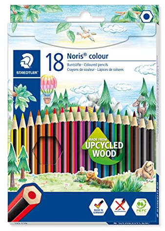 STAEDTLER Buntstifte Noris colour, rutschfeste Soft-Oberfläche, hohe Bruchfestigkeit, Made from Upcycled Wood, intensive Farben, Sechskantformat, 18 Farbstifte im Kartonetui, 185 C18