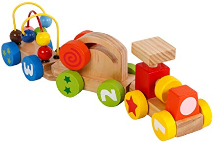 2-Play Wood Lernspielzug mit einer Lok und zwei Wagons (Zug mit 2 Aktivitätswagen bunt, Hochwertiges Holzspielzeug, Lernspielzeug), mehrfarbig - 610191