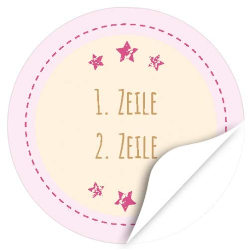 24 runde Design Etiketten MIT IHREM TEXT personalisiert - Design Rosa Sterne mit 2 Zeilen - Individuelle Aufkleber für Hochzeit, Save the Date, Namen, Geschenke, Danke sagen, Taufe, Einladung