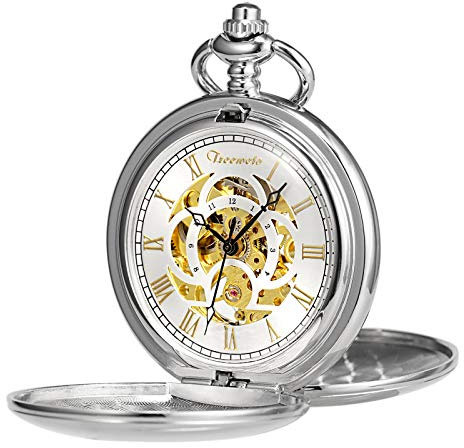 TREEWETO Reloj de bolsillo clásico suave con doble caja mecánica, reloj de bolsillo steampunk con números romanos para hombres y mujeres con cadena + caja de regalo, plata, Clásico