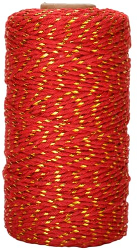 G2PLUS Spago natalizio in cotone rosso con glitter dorati, 2 mm, 100 m, per decorazioni fai da te