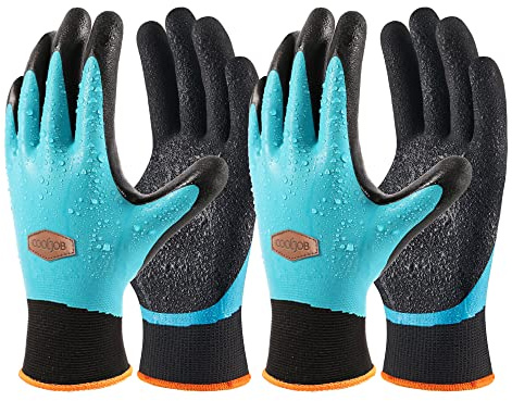COOLJOB Waterproof Gardening Gloves for Women & Men, 2 Pairs Grip Double Latex Coated Work Gloves with Grip for Motorcycle, Car Washing, Blue & Black, Large Size (2 Pairs L)