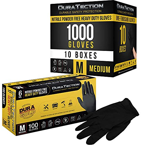 Dura-Gold HD Lot de 10 boîtes de 100 gants jetables en nitrile Noir Taille M 6 mm – Sans latex, sans poudre, grip texturé