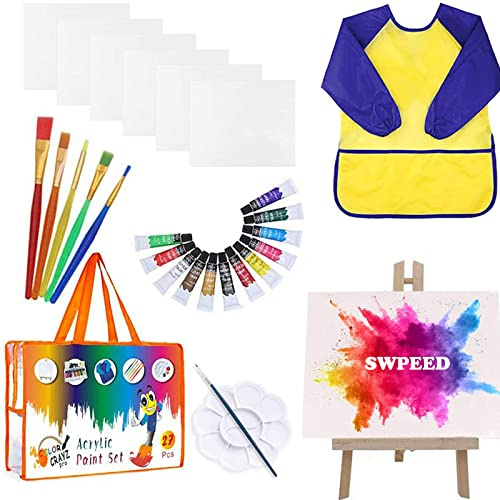 Kinder Malset Farben für Kinder Basteln 27 Teiliges Pinsel Set mit Pinseln Malen Leinwand Staffelei Palette Wasserdichte Kinderschürzen zum Malen und Tasche Kleinkind Bastelarbeiten