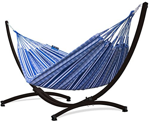 Potenza Outdoor Hängematte mit Gestell für 2 Personen I Pereira - 100% Baumwolle Doppelhängematte 230x160 cm, 200kg I Hängemattengestell 220kg, wetterfest (Baltica, Gestell Braun)
