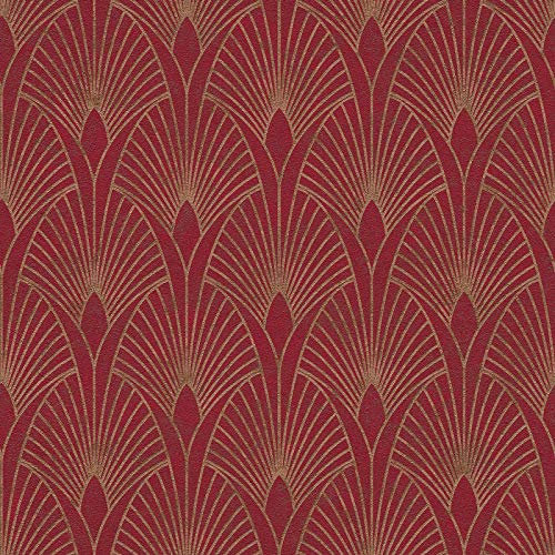 Papier peint rouge & doré chic salon & cuisine | Tapisserie rouge Art déco pour séjour | Papier peint graphique salon & couloir