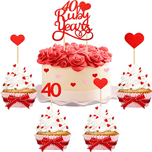 Nezyo Rubinhochzeit Tortendekoration 40. Hochzeitstag Cake Topper 40. Hochzeitstag Torten Deko für 40. Rubinhochzeit Geschenke 40 Ruby Years Glitzer Rubinherzen 40 Jahre Hochzeit Kuchendeko