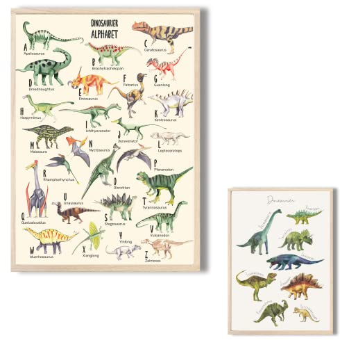 MeinBaby123® Dino Poster Kinderzimmer doppelseitig | Dinosaurier Poster DIN A2 | Bilder Kinderzimmer Jungen | Dino Deko Bilder Kinderzimmer | Wandposter Premium (Dino Poster doppelseitig V2)