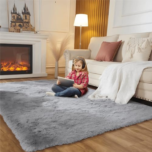 SUBEEN Hochflor Teppich Wohnzimmerteppich waschbar rutschfest extra groß Schlafzimmer Teppich moderner Stil geeignet für Schlafzimmer und Kinderzimmer (grau, 80x120cm)