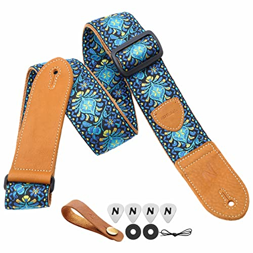 Nefelibata Gitarrengurt,2 Doppelte Lederenden,Vintage Woven W/FREE BONUS-4 Picks+Strap Locks+Strap Button,Bestes Geschenk für Bass,Elektro&Akustik Gitarren für Gitarre(Vintage blau gelb Stickerei)