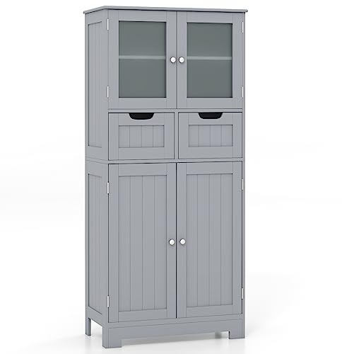 COSTWAY Bathroom Floor Cabinet, Freestanding Storage Cupboard with Tempered Glass Door, 2 Drawers and Adjustable Shelves, Wooden Floor Storage Cabinet Unit for Living Room Kitchen Hallway (Grey)