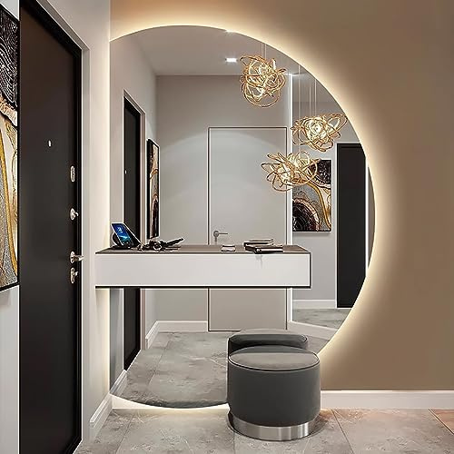 UkewEi 3 Lichtfarbe Rahmenlos Halbrunder Wandspiegel, Wandmontage Beschlagfrei Badspiegel, Dimmbar LED Spiegel mit Hinterleuchteten (Color : Left Cut, Size : 70 * 100cm)