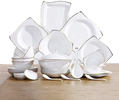 Vajilla de cerámica con 48 piezas, cuenco/olla sopera/cuchara | Juegos de vajilla de porcelana de hueso, juego de combinación de porcelana de patrón de línea dorada