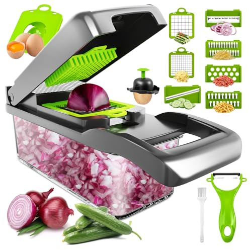 Raipeu 14-in-1 Multifunctional Food Chopper With Vegetable Peeler, Kitchen Vegetable Slicer Dicer Cutter, Stainless Steel Blades, Grey