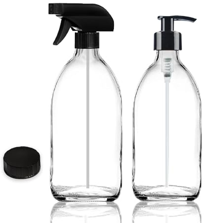 Fam Organic Clear 300ml Glass Soap Lotion Dispenser and Trigger Spray Refillable Bottle Combo Set – (Clear 300ml - 1 Soap Dispenser + 1 Trigger Spray)