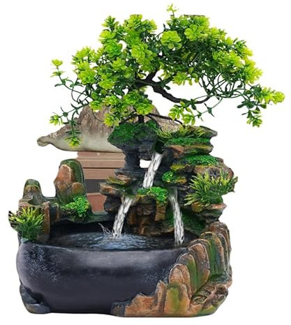 Fontana per interni con illuminazione a LED Fontana da tavolo Soggiorno Ufficio Cascata Desktop Bonsai Ornament Fontana Tavolo Cascata Fontana Scrivania con Piante Decorazione (senza Nebbia)