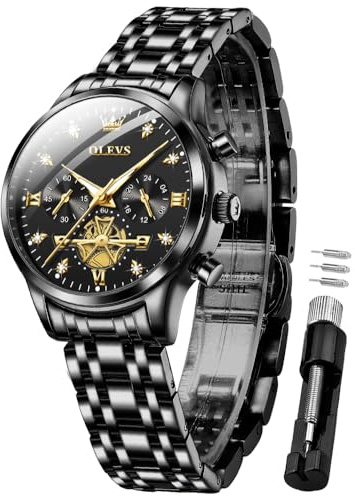 OLEVS Womens Watches Chronograph Luxury Diamond Dress Quartz Wrist Watches Stainless Steel Waterproof Luminous, 2897:Black Band & Black dial, L