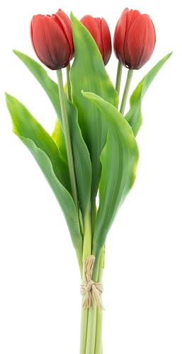 mucplants künstliche Tulpen Holland ca. 36cm Tulpenbündel mit 3 Tulpen und 2 Tulpenknospen real Touch (Rot)