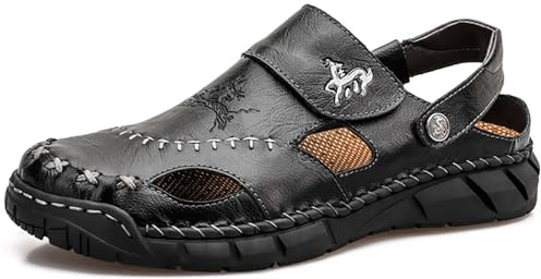 GURGER Sandales Homme Cuir Bout Fermé Sandales de Marche Été Chaussons de Plage Extérieur Confort Randonnée Sandales Noir Taille 42