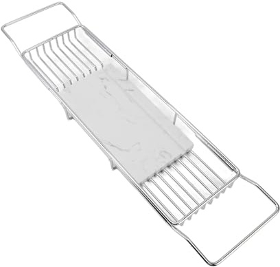 Badewannenablage, rutschfest, Multifunktional, Platzsparend, Erweiterbar, Edelstahl-Marmor-Badewannenregal, Modisch für Männer für Badezimmer (Silber Weiss)
