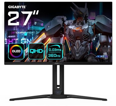 Gigabyte AORUS FO27Q3 27” OLED Flat Gaming Monitor - 2560 x 1440(QHD), 360Hz, 0.03ms, KVM, 250 cd/m2, FreeSync Premium Pro, DisplayHDR True Black 400, HDMI 2.1