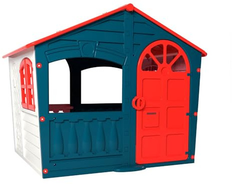 Sport1 casetta da giardino per bambini House of Fun. Casa per bambini di plastica per interno. Casetta per bambini da giardino. Robusta e resistente alle intemperie. 130x111x115cm Blu petrolio e rossa