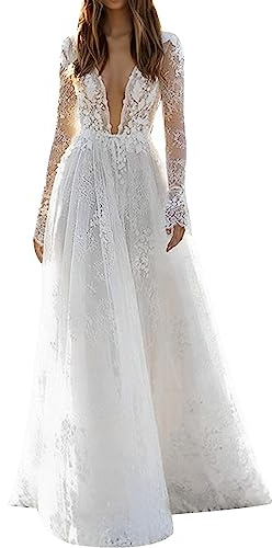 Generisch Vestido de novia para mujer, sexy con encaje, escote profundo, mangas largas, vestido de vacaciones, vestido de noche de los años 20 para mujer, Blanco, XL