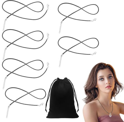Black Necklace Cord 6 Pcs Black Cord Necklace Leather Necklaces Cords with Clasp 2mm Rope with a Velvet Bag Leather Cords Necklace for Diy Jewellery (50cm, 60cm)