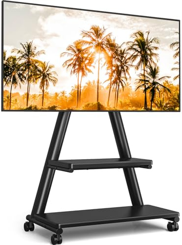 TVON Rolling TV Stand for 43-80 TVs up to 150lbs, Portable Stand on Wheels with Enhanced Triangular Design, Height Adjustable Mobile Cart with Swivel/Tilt/Dual Shelves for Indoor/Outdoor Use