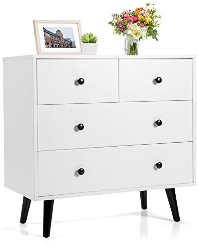 COSTWAY Kommode mit 4 Schubladen, Sideboard aus Holz, Aufbewahrungsschrank modern, Schubladenschrank für Wohnzimmer Schlafzimmer Eingang, 80 x 40 x 77cm (Weiß)