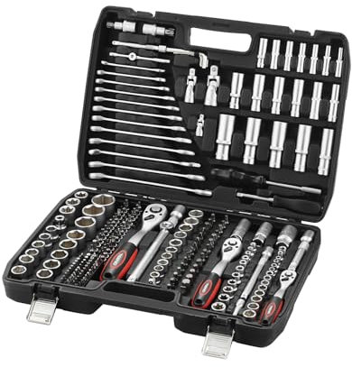 TEENO Set Cricchetti e Bussole da 216 Pezzi, Chiavi a Cricchetto a 72 Denti con 1/2, 1/4, 3/8, Set di Chiavi a Bussola in Cr-V, Set di Attrezzi per Meccanica con Valigetta per Trasporto